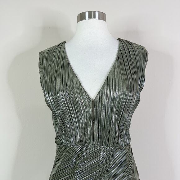 Maje | Romea Metallic Green Plisse Bandage V Neck Designer Mini Dress 38 Medium - Picture 3 of 12